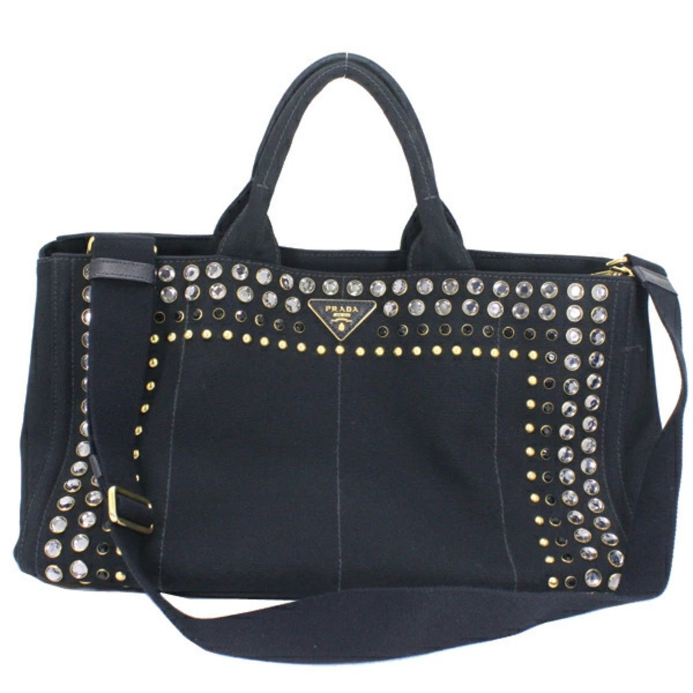 PRADA Canapa 2way Tote Bag Black Canvas Rhinestone Studs Shoulder Handbag